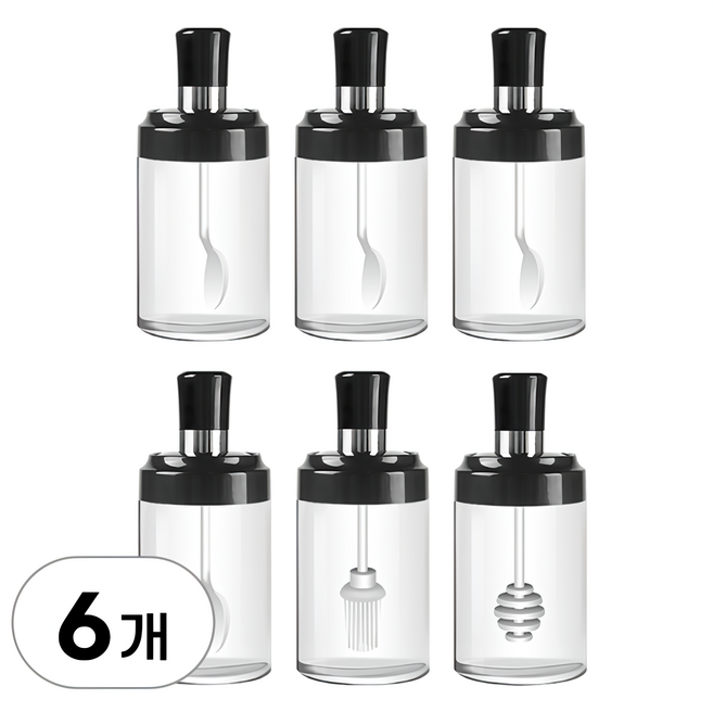 6개 세트 스푼 양념통 일체형 유리 밀폐 용기 양념 조미료 통 수저 내장 소스통 양념병 소금통 설탕통, R25027F(3종 6개세트, 1개