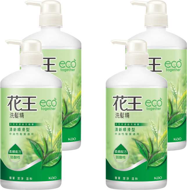 Kao 花王 洗髮精 清新順滑型 750ml 天然綠茶精華 中油性髮質適用 溫和潔淨, 4瓶