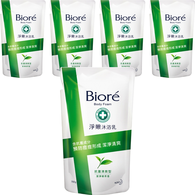 Biore 蜜妮 台灣公司貨 淨嫩沐浴乳 潔淨綠茶香 抗菌清爽型 補充包, 700g, 5包