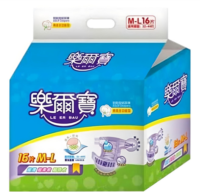 樂爾寶 黏貼型紙尿褲 棉柔全功能型 透氣乾爽 吸收量4-5次, M~L, 16片, 1包