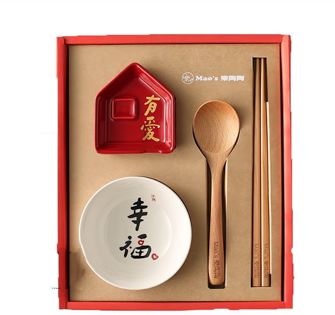 Mao's 樂陶陶 日日祝福 日日順心獨享禮盒, 手工貼花 紅色 + 白色 + 木頭色, 碗 + 醬油碟 + 筷子 + 湯匙 + 包裝盒, 1組