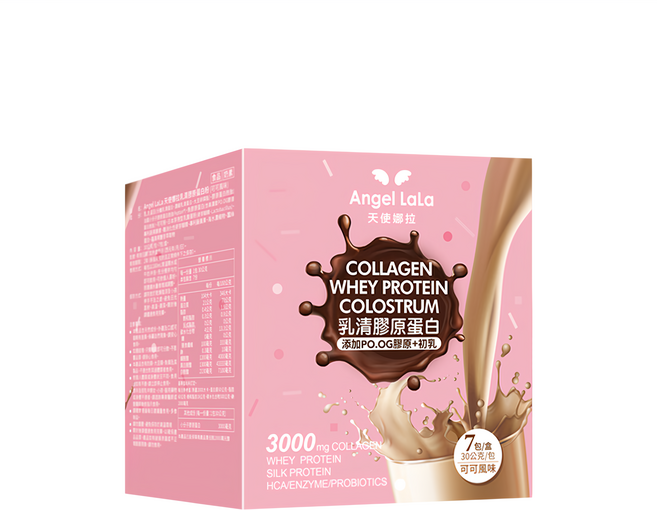 Angel LaLa 天使娜拉 日本PO.OG膠原初乳乳清蛋白 無糖可可 Set 7包, 210g, 1盒