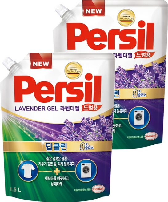 Persil 寶瀅 韓國原裝進口 強效淨垢 薰衣草護色凝露 滾筒洗衣機用補充包, 1.5L, 1入, 2袋