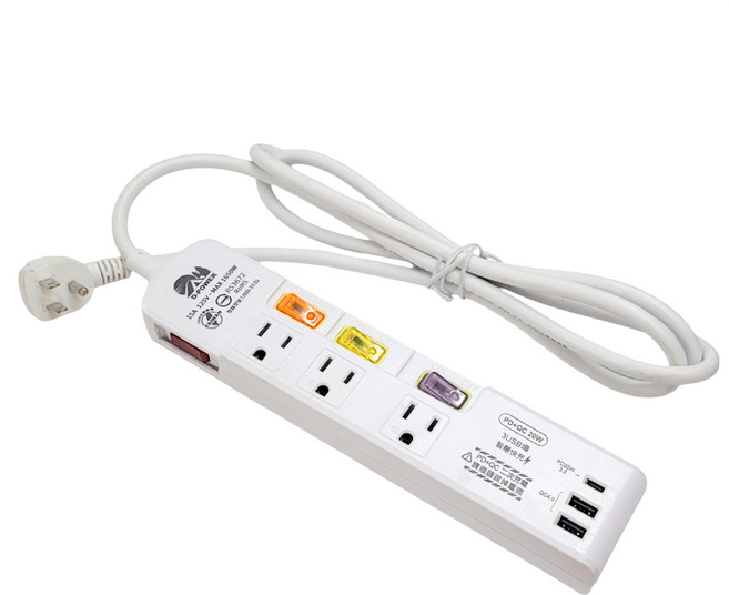 spirit 電精靈 4開3插電腦延長線 3孔 USB + Type-C 6尺 USB-3133A 台灣製, 白色, 1條