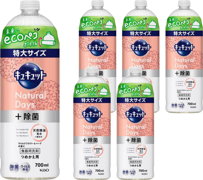 Kao 花王 Cucute Natural Days+ 洗碗凝露補充瓶 野花與草本香, 700ml, 6瓶