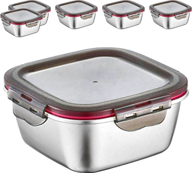 304不鏽鋼 正方形趣味保鮮盒 可微波 14 x 14 x 7cm, 1個容器 + 1個蓋子, 6組
