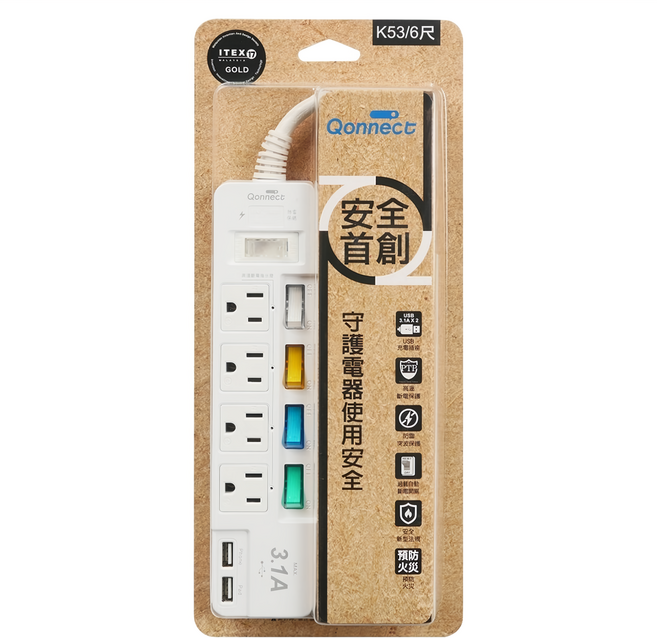 Qonnect 5開4插3P USB延長線, 1.8m, 白色, 1條