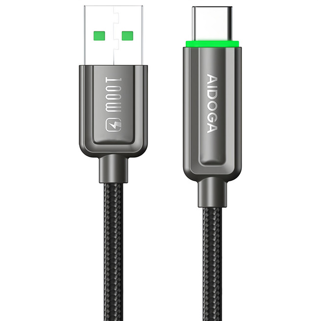 AIDOGA 艾迪伽 閃極系列 100W USB-A-Type-C智能斷電補電充電傳輸線, 槍黑色, 1條, 1.2m