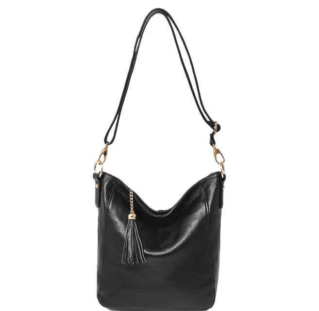 真皮頭層牛皮大容量流蘇女士肩背袋通勤包女包 LB999, 黑色