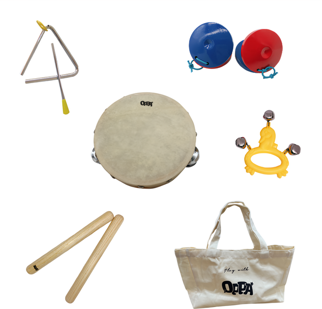 OPPA 奧福樂器 入門樂器組合 搖鈴 + 三角鐵 + 響板 + 響棒 + 鈴鼓 + 收納袋, 多色套組, 1組