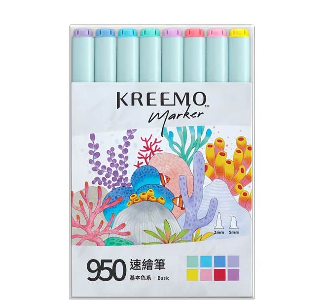 SIMBALION 雄獅 KREEMO 可瑞莫 950酒精性雙頭速繪筆8色組, 基本色系, 1盒