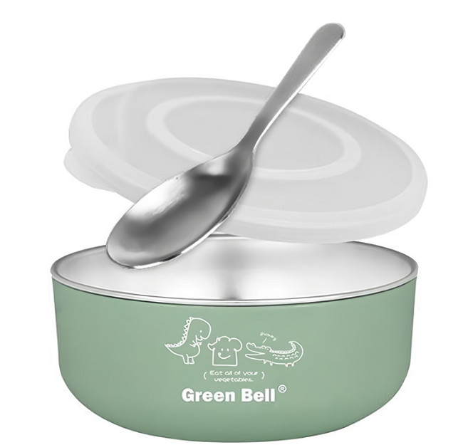 Green Bell 綠貝 綠貝兒童抗菌不鏽鋼碗組 375ml, 綠色, 1組, 碗 + 湯匙 + 蓋子