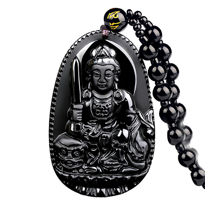喜緣玉品 十二生肖八大守護神古典黑曜石玉珮 53 x 35 x 11mm, 文殊菩薩 兔 黑色, 1個