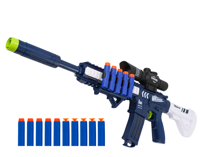 兒童安全軟彈步槍 M416 七彩燈光/多種音效/仿狙擊鏡 + 10發子彈 89913, 1個, 藍色