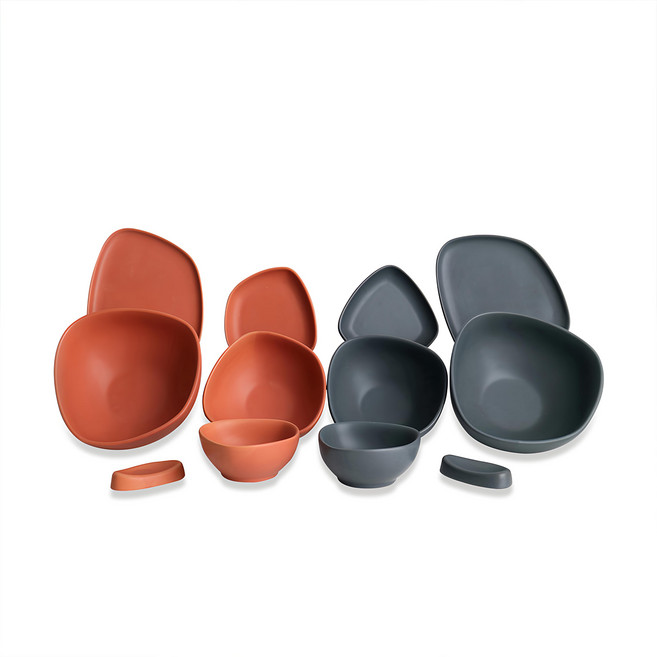 CASAGIO Pebble 2人陶瓷餐具組, 2個飯碗 + 2個湯碗 + 2個盤子 + 2個小菜盤 + 2個小碗 + 2個筷架, 珊瑚棕色+木炭灰色, 1組