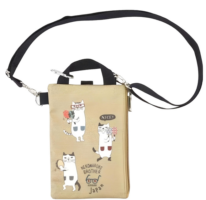 kUSUgURU JAPAN 日本眼鏡貓 狂歡high咖眼鏡貓 手拿包證件袋/手機包/斜背包 可觸控手機 背帶可調, 米黃色, 1個