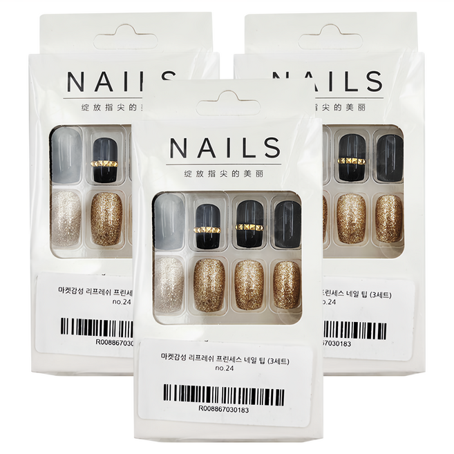 Market Gamsung 美甲貼片 Set 24片, No24 黑底金鑽, 3盒