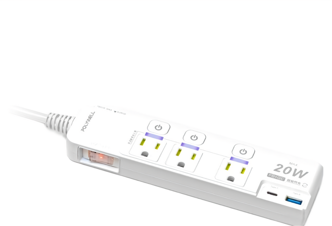 POLYWELL 寶利威爾 快充電源延長線 20W 4孔 PW15-T05-A088, 20.5cm, 白色, 1條
