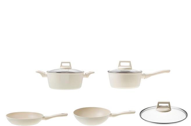 Vilivin IH電磁爐適用 鍋具5件組, 單柄湯鍋18cm + 雙耳湯鍋24cm + 平底鍋28cm + 炒鍋28cm + 玻璃鍋蓋28cm, 奶油白, 1組