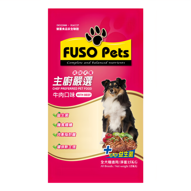 福壽實業 FUSO Pets 全犬用 主廚嚴選 狗飼料 添加益生菌, 牛肉, 15kg, 1袋