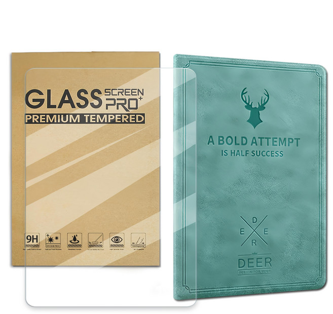 vXTRA 飛創 防潑水鹿頭壓紋平板皮套 + 玻璃貼套組 11吋, 1套, 蒂芬藍綠