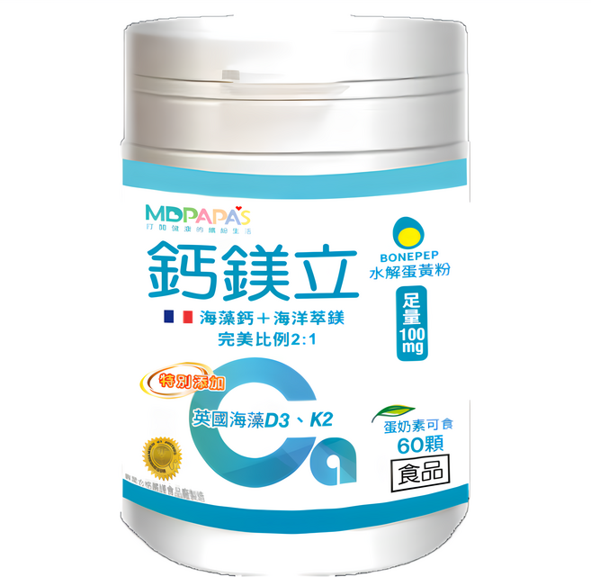 MDPAPA'S 鈣鎂立膠囊 含海藻鈣、海洋鎂、維生素D3、K2及Bonepep 全家適用, 60顆, 650mg, 1罐