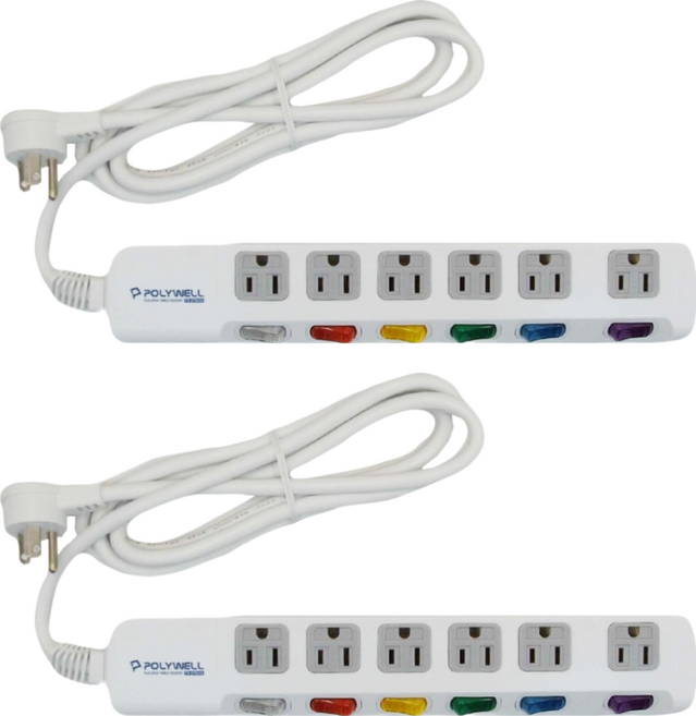 POLYWELL 寶利威爾 3孔電源延長線7切6座 PW15-T05-B031, 270cm, 白色, 2個
