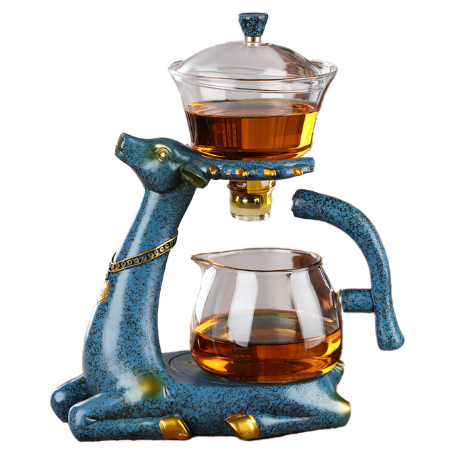 一鹿有你 自動磁吸泡茶器 蓋碗 口徑7 x 15.5cm 500ml + 公杯 口徑8 x 15.5cm 400ml + 支架頭徑12.5 底徑16 x 17.5cm, 藍色福鹿, 1組