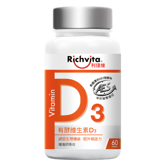 Richvita 利捷維 有酵維生素D 720IU 美國專利AES發酵物 調整生理機能 提升保護力 增進鈣吸收 支持骨骼健康, 60顆, 1罐