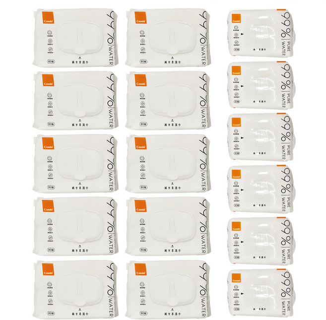 Combi 康貝 純水柔濕巾 10大包 80抽(160 x 100 x 60mm) + 6小包 20抽(110x 80 x 35mm), 16包, 1組, 591g