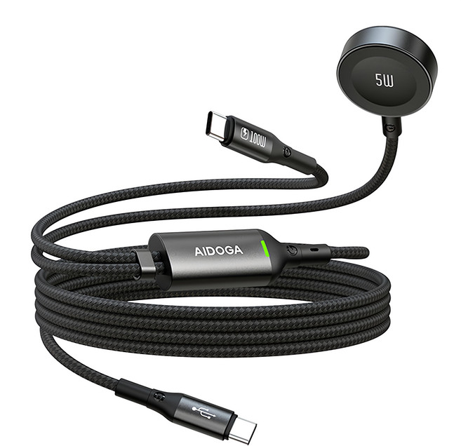 AIDOGA 艾迪伽 爵士系列 一分二 USB-C-Type-C/Apple Watch 全系列 PD 充電傳輸快充線, 黑色, 150cm, 1條