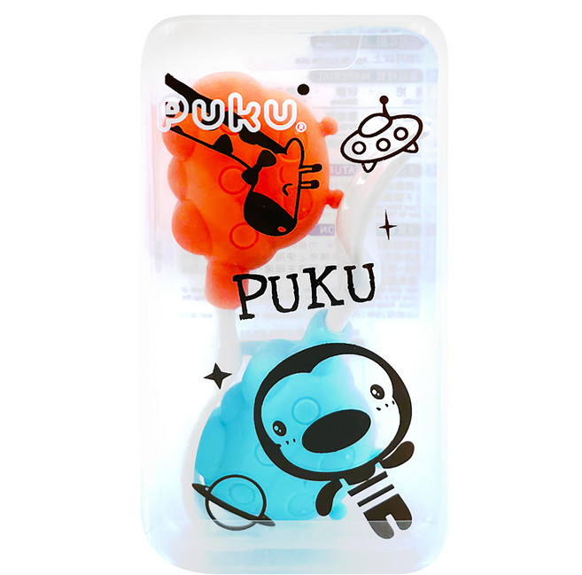 PUKU 藍色企鵝 PPSU寶寶好味湯叉組 含收納盒, 飛碟 橘色 + 藍色, 1組, 幼兒湯匙 + 叉子 + 收納盒
