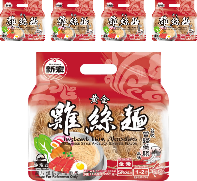 新宏 黃金雞絲麵 台式當歸藥膳風味 全素 5入, 335g, 5袋