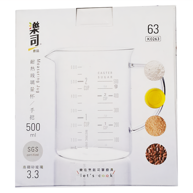樂司廚品 耐熱玻璃量杯 附把, 透明色, 500ml, 1個