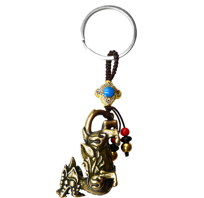 招財貔貅鑰匙圈 銅+硫化 貔貅(4.5cm*3.3cm) 吊飾尺寸:全長約10cm, 金色, 1個
