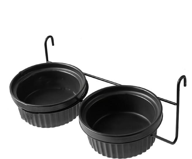 寵物陶瓷碗 16號條紋雙碗 + 鉤架, 黑色, 1組