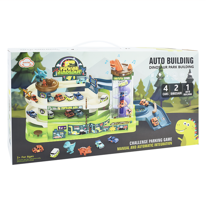 PLAYFUL TOYS 頑玩具 恐龍軌道停車場 附小車 4台, 綠色, 1盒