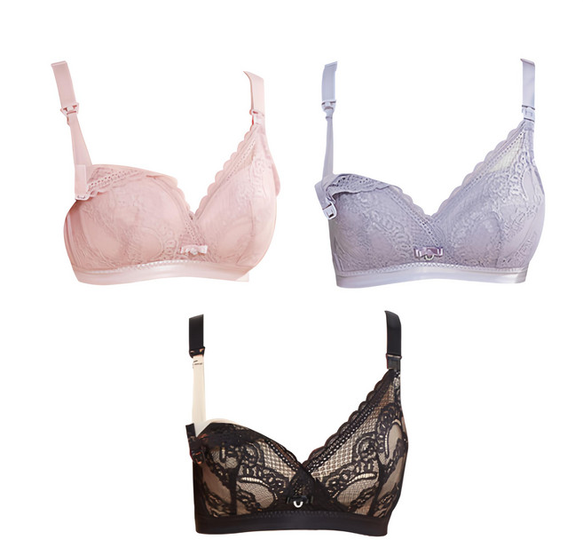 香草甜心 下掀式蕾絲透氣薄襯墊防下垂提胸哺乳內衣3件組 - 彈力親膚 質感花邊 前開扣