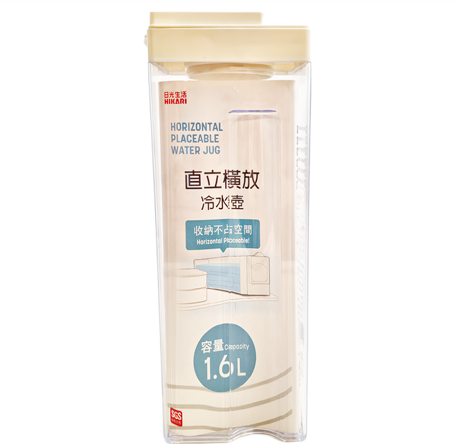 HIKARI 日光生活 直立橫放冷水壺 1.6L 大容量 密封性高, 透明色 + 米色, 1個