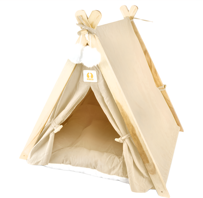 哈囉毛孩 可拆洗四季通用實木三角寵物帳篷 全齡貓/小型犬適用 寬敞大空間, 米白, 1個