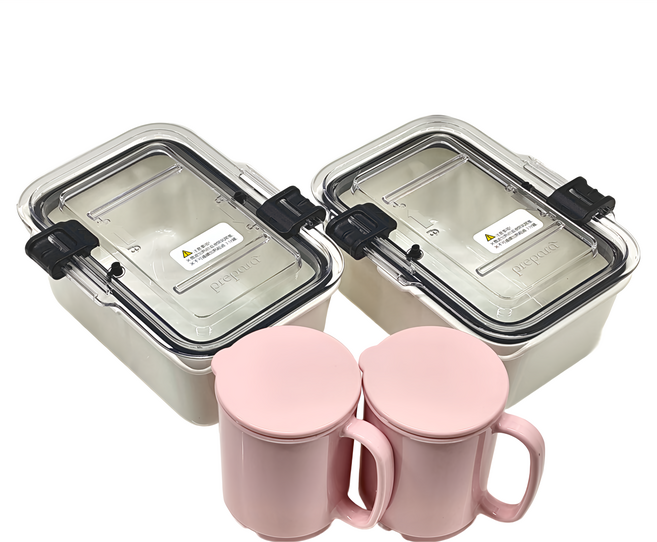 prepara 沛樂生活 4號食物保鮮盒 + 牛奶杯 白色 粉色 700ml + 350ml, 1組