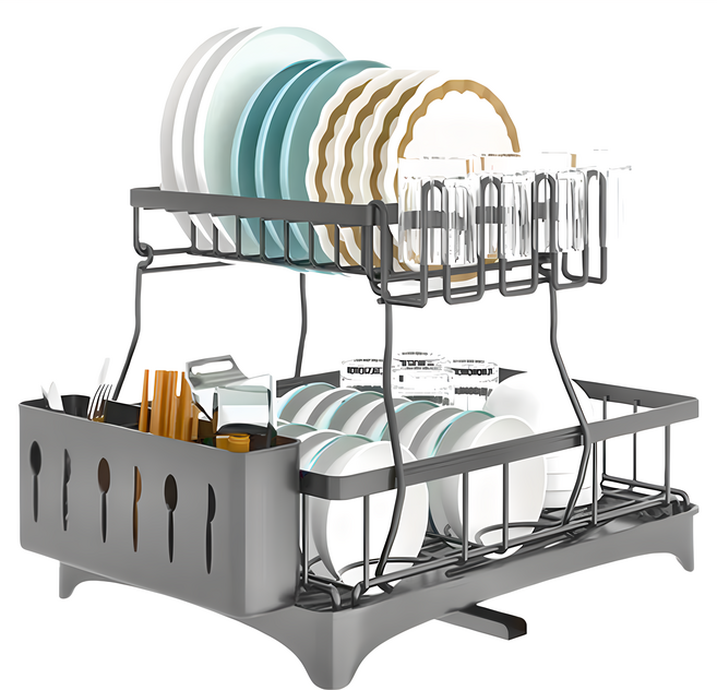 碗盤收納瀝水架, 2層, 黑色, 1個