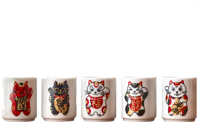 美濃燒 清酒杯 五入禮盒組 日本 5.4 x 4.5cm 50cc, 招財貓 白色, 1組