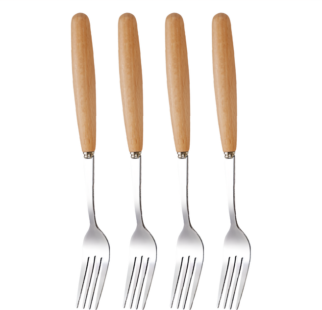 小麥購物 木柄不銹鋼餐具 叉子 G171, 4支, 原木色