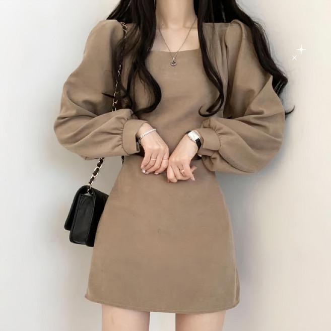 方領收腰顯瘦後綁帶長袖洋裝