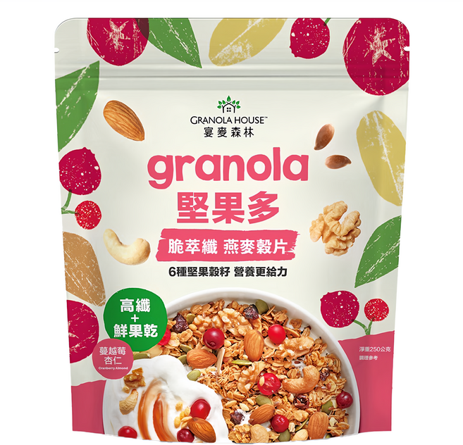 GRANOLA HOUSE 宴麥森林 堅果多脆萃纖燕麥穀片 蔓越莓杏仁 6種堅果穀籽 含10.4g膳食纖維, 250g, 1包