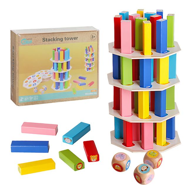 木製圖形顏色辨識疊疊樂 水性安全漆 堆塔卡12.5 x 12.5cm + 積木條5.4 x 1.8 x 1.2cm + 骰子5 x 5 x 5cm 擲骰子 手眼訓練, 1盒