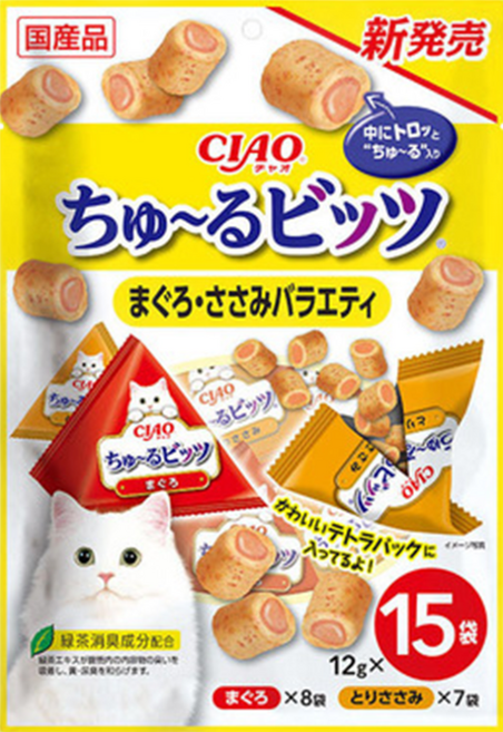 INABA CIAO 啾嚕 迷你肉泥夾心捲 雞肉+鮪魚+柴魚片 15袋裝 180g, 雞肉 + 鮪魚 + 柴魚片, 1袋