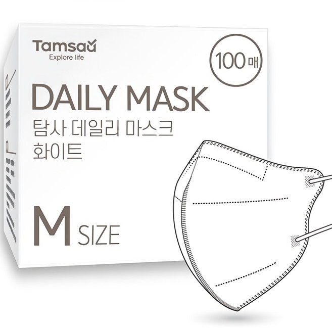Tamsaa 日常鳥嘴型立體口罩 韓國製 M, 白色, 100片, 1盒