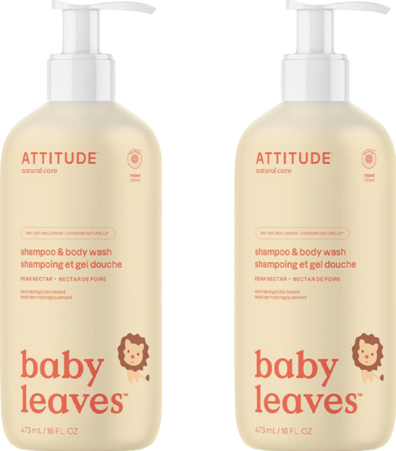 ATTITUDE 艾特優 嬰幼兒2合1洗髮沐浴露 梨花蜜 0歲以上, 473ml, 2瓶
